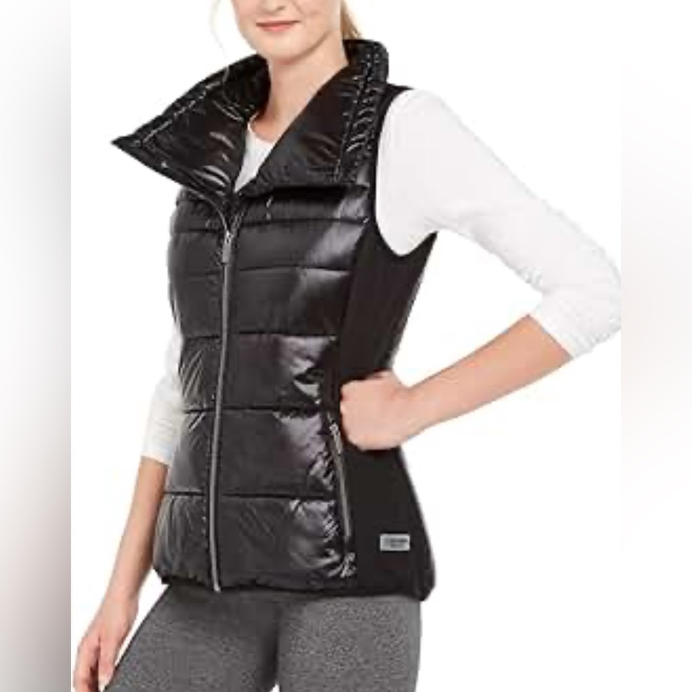 Calvin Klein Black Puffer Vest Lightweight Zip Up Athleisure Fitted Winter Layer